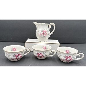 Vintage Germany U.S. Zone 3 Demitasse Cups & Creamer Pink Floral Gold